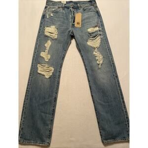 NEW Levi’s 501 Original Blank Tab Men's Distressed Button Fly Blue Jeans 33x34